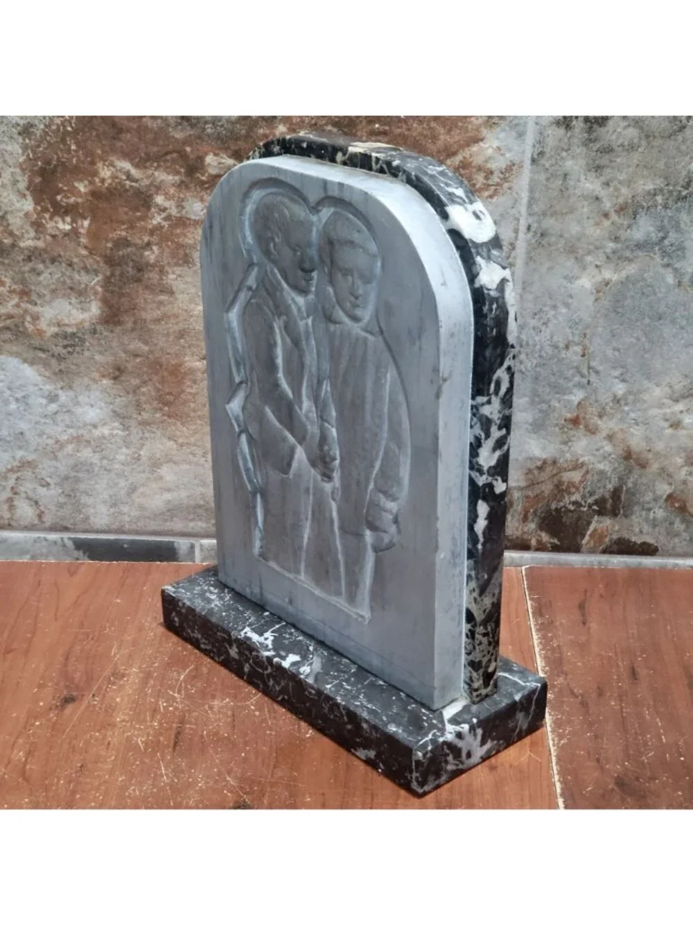 Handcrafted Stone Monument Bas Relief Carving Two Figures Side by Side Carved Ma